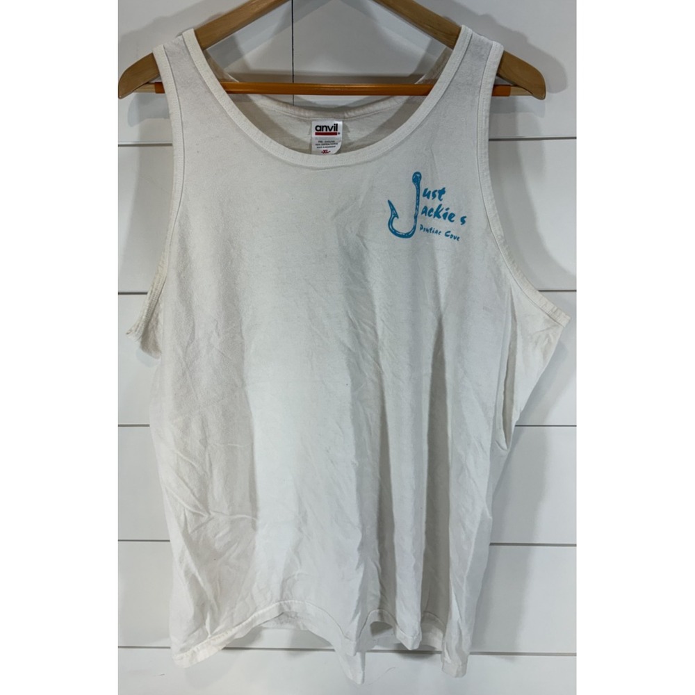 Vintage Just Jackie's Pontiac Cove White Sleeveless Tank Top Lake Shirt Size XL